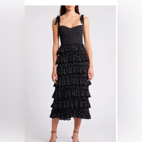WAYF - Elegant Black Polka Dot Ruffle Dress. —  The Masie Polka Dot Tiered Dress - Picture 1 of 5